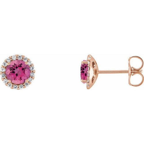 14 Karat Rose Gold Pink Tourmaline and 0.16 Carat Diamond Earrings
