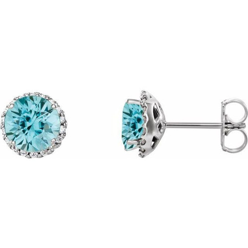 14 Karat White Gold Genuine Blue Zircon and 0.16 Carat Diamond Earrings