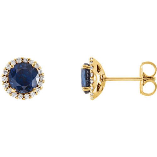 14 Karat Yellow Gold Blue Sapphire and 0.17 Carat Diamond Earrings