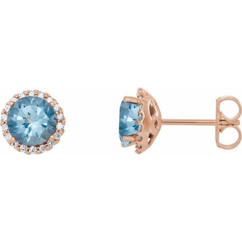 Genuine Aquamarine Earrings in 14 Karat Rose Gold Sapphire and 0.12 Carat Diamond Earrings