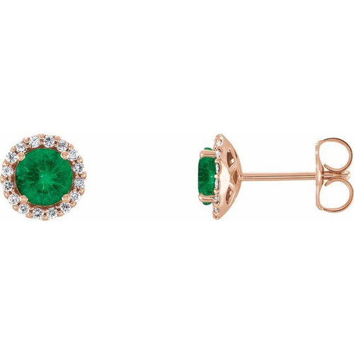 14 Karat Rose Gold Emerald and 0.13 Carat Diamond Earrings