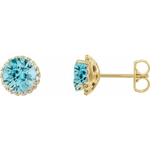 14 Karat Yellow Gold Genuine Blue Zircon and 0.13 Carat Diamond Earrings