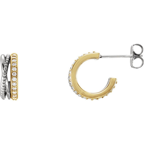 14 Karat Yellow Gold and White 0.20 Carat Beaded Hoop Earrings