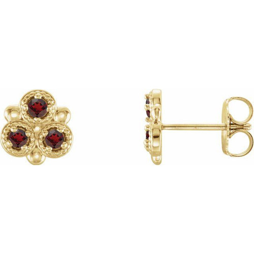 Red Garnet Gems set in 14 Karat Yellow Gold Mozambique Garnet Three Stone Earrings