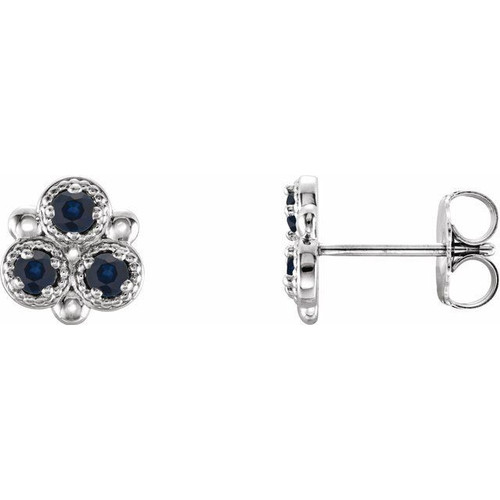 14 Karat White Gold Lab Created Blue Sapphire Three Stone Earrings