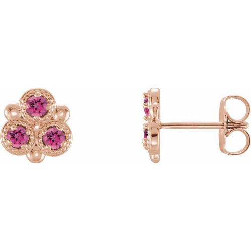 14 Karat Rose Gold Pink Tourmaline Three Stone Earrings