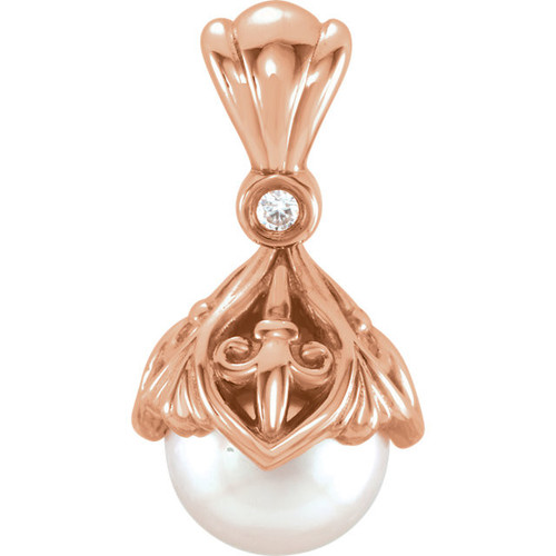 14 Karat Rose Gold 7mm Freshwater Pearl and .02 Carat Diamond Fleur de lis Pendant