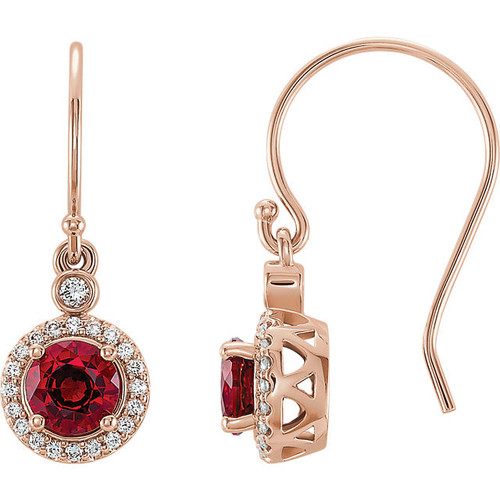 14 Karat Rose Gold Lab Created Lab Grown Ruby and 0.17 Carat Diamond  Halo Style Earrings