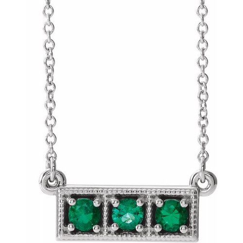 Emerald Gem in Sterling Silver Emerald Three Stone Granulated Bar 16 inch Necklace