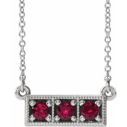 Ruby Gem in 14 Karat White Gold Ruby Three Stone Granulated Bar 16 inch Necklace