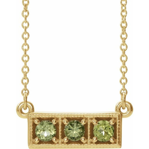 Genuine Peridot Necklace in 14 Karat Yellow Gold Peridot 3 Stone Granulated Bar 16 inch Necklace