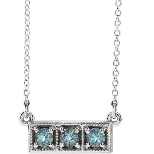 Platinum Aquamarine Gem 3 Stone Granulated Bar 16 to 18 inch Necklace