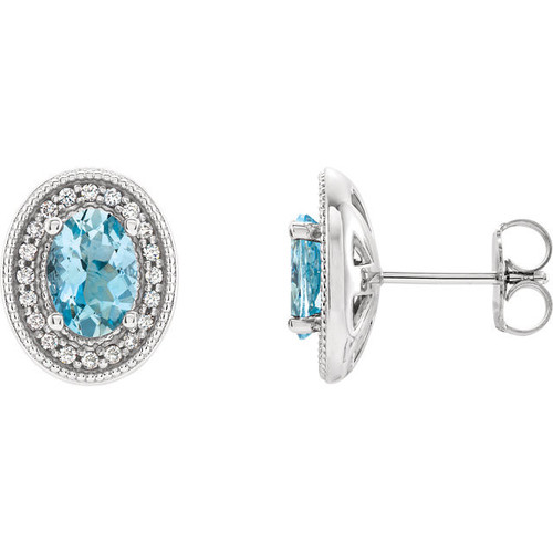 Genuine Sterling Silver Aquamarine and 0.20 Carat Diamond Halo Style Earrings