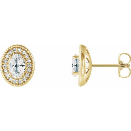 14 Karat Yellow Gold Blue Sapphire and 0.20 Carat Diamond Halo Style Earrings
