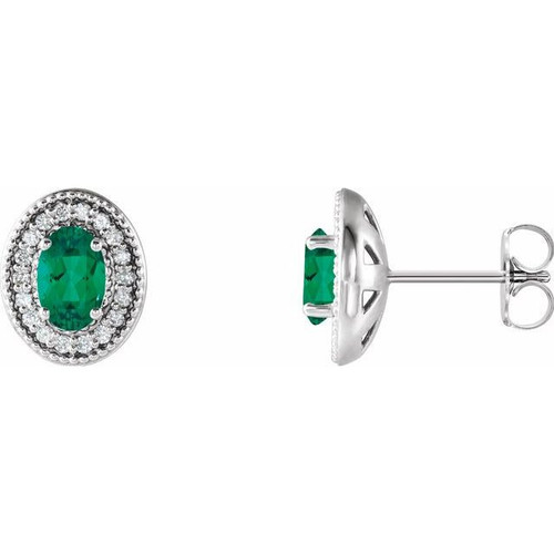 Sterling Silver Lab Created Emerald and 0.20 Carat Diamond Halo Style Earrings