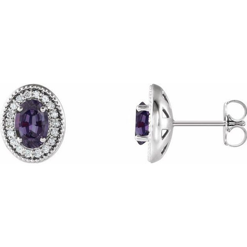 Platinum Lab Created  Alexandrite and 0.20 Carat Diamond Halo Style Earrings