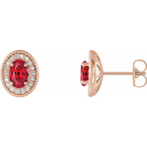 14 Karat Rose Gold Ruby and 0.20 Carat Diamond Halo Style Earrings