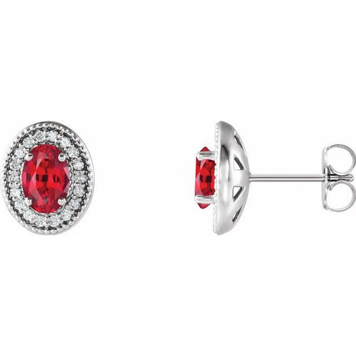 Platinum Ruby and 0.20 Carat Diamond Halo Style Earrings