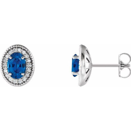 14 Karat White Gold Genuine Blue Sapphire and 0.20 Carat Diamond Halo Style Earrings