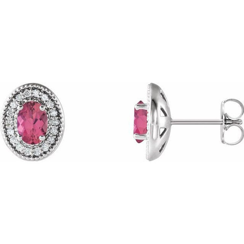 Platinum Pink Tourmaline and 0.20 Carat Diamond Halo Style Earrings