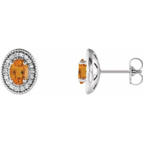 Platinum Citrine and 0.20 Carat Diamond Halo Style Earrings