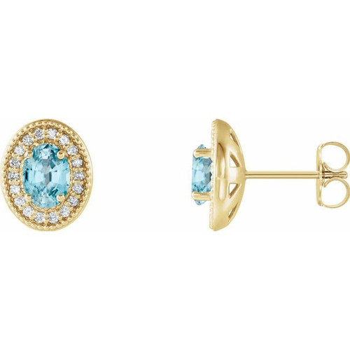 14 Karat Yellow Gold Genuine Blue Zircon and 0.20 Carat Diamond Halo Style Earrings