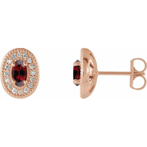 Red Garnet Gems set in 14 Karat Rose Gold Mozambique Garnet and 0.13 Carat Diamond Halo Style Earrings