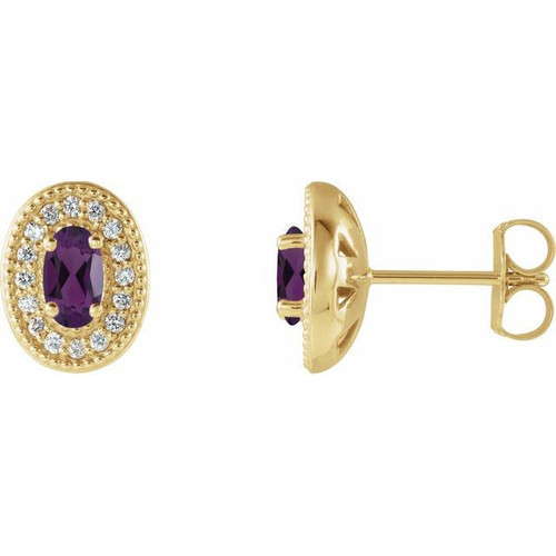 14 Karat Yellow Gold Amethyst and 0.13 Carat Diamond Halo Style Earrings