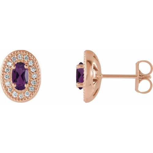 Genuine Amethyst Earrings in 14 Karat Rose Gold Amethyst & 1/8 Carat Diamond Halo-Style Earrings              
