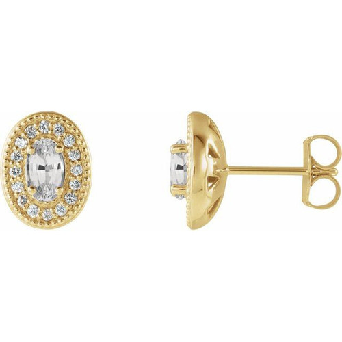 14 Karat Yellow Gold Blue Sapphire and 0.13 Carat Diamond Halo Style Earrings
