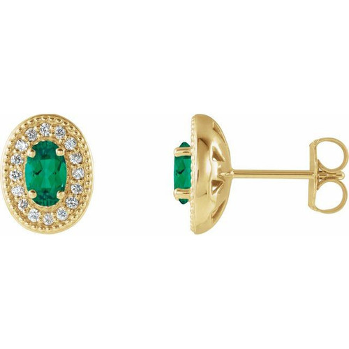 14 Karat Yellow Gold Emerald and 0.13 Carat Diamond Halo Style Earrings