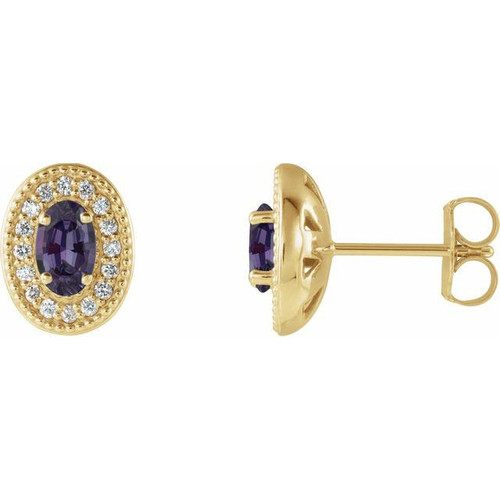 14 Karat Yellow Gold Lab Created Alexandrite and 0.13 Carat Diamond Halo Style Earrings