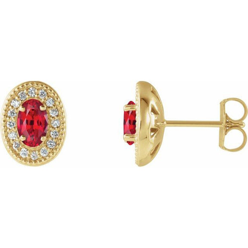 14 Karat Yellow Gold Ruby and 0.13 Carat Diamond Halo Style Earrings