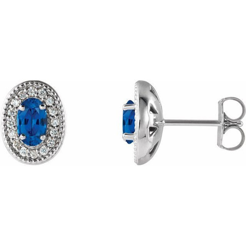 Sterling Silver Genuine Blue Sapphire and 0.13 Carat Diamond Halo Style Earrings