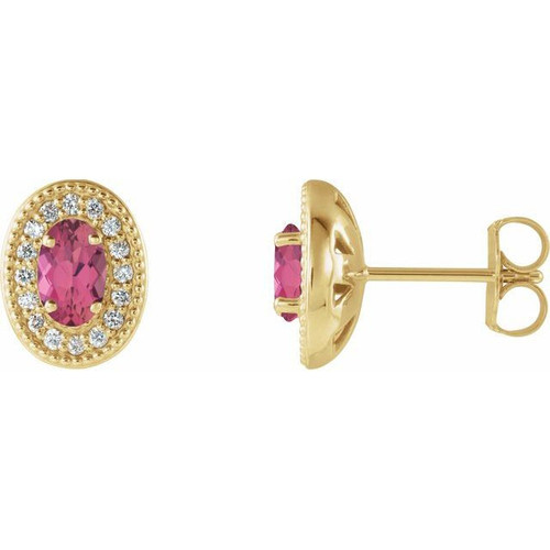 14 Karat Yellow Gold Pink Tourmaline and 0.13 Carat Diamond Halo Style Earrings