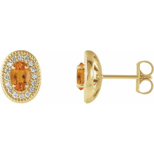 14 Karat Yellow Gold Citrine and 0.13 Carat Diamond Halo Style Earrings