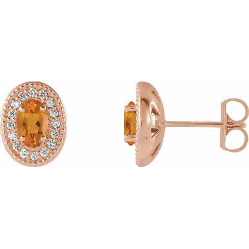 14 Karat Rose Gold Citrine and 0.13 Carat Diamond Halo Style Earrings