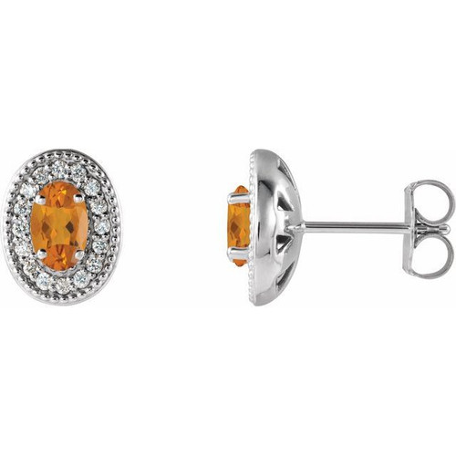 Sterling Silver Citrine and 0.13 Carat Diamond Halo Style Earrings