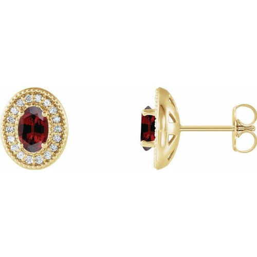 Red Garnet Gems set in 14 Karat Yellow Gold Mozambique Garnet and 0.16 Carat Diamond Halo Style Earrings