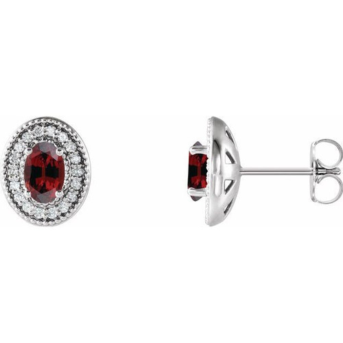 Red Garnet Gems set in Platinum Mozambique Garnet and 0.16 Carat Diamond Halo Style Earrings