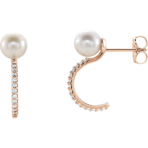 14 Karat Rose Gold Freshwater Pearl and 0.17 Carat Diamond J Hoop Earrings