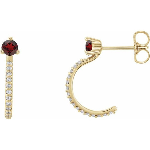 Red Garnet Gems set in 14 Karat Yellow Gold Mozambique Garnet and 0.16 Carat Diamond Hoop Earrings