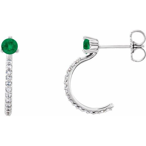 14 Karat White Gold Emerald and 0.16 Carat Diamond Hoop Earrings