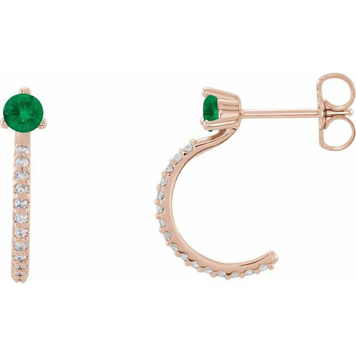 14 Karat Rose Gold Emerald and 0.16 Carat Diamond Hoop Earrings