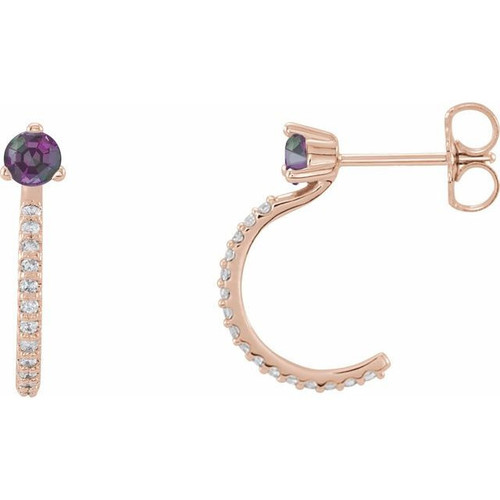 14 Karat Rose Gold Lab Created Alexandrite and 0.16 Carat Diamond Hoop Earrings