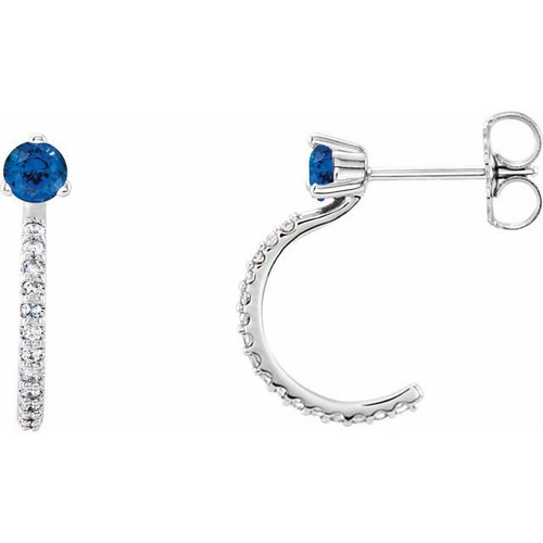 14 Karat White Gold Genuine Blue Sapphire and 0.16 Carat Diamond Hoop Earrings