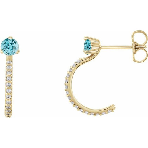 14 Karat Yellow Gold Genuine Blue Zircon and 0.16 Carat Diamond Hoop Earrings