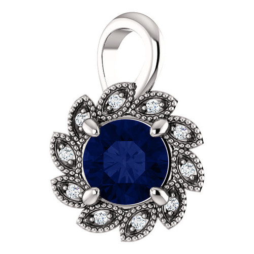 14 Karat White Gold Lab Created Created Sapphire and .04 Carat Diamond Pendant