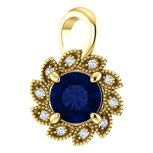 14 Karat Yellow Gold Blue Sapphire and .04 Carat Diamond Pendant