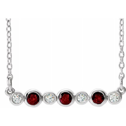 Red Garnet Necklace in Sterling Silver Mozambique Garnet and .08 Carat Diamond Bezel Set Bar 16 inch Necklace